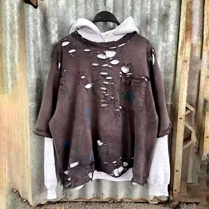 Sweat à capuche pour homme double en coton 100% personnalisé, sweat à capuche marron vieilli avec capuche blanche, sweat à capuche sur mesure avec lavage léger à l'acide - Product Image 5