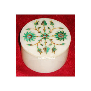 In Bulk Quantity Wholesaler And Exporters Luxurious Natural <b>White</b> Marble <b>Box</b> In Round Shape With Green Pearl Floral Art Work - Product Image 1