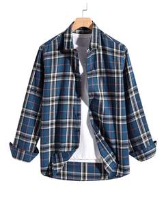 Chemise en flanelle à carreaux bleu et noir pour homme, personnalisée par le fabricant, boutonnée, manches longues, décontractée, avec poche poitrine, tissu doux et chaud - Product Image 1