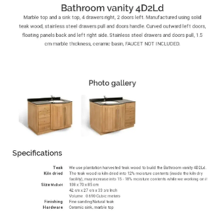 Coiffeuse de salle de bain de style luxueux avec bois de teck massif et lavabo - Product Image 2