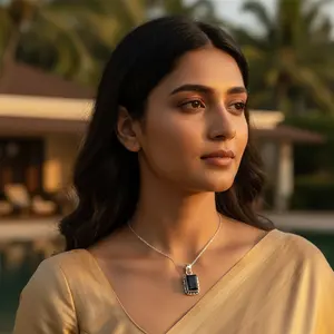 "Black <b>Onyx</b> Rectangle Pendant <b>Necklace</b>-Religious Vintage Style Made India 925 Silver Rhodium Plated Diamond Accent Perfect Gift" - Product Image 1