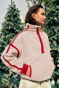 Sweat-shirt à capuche en polaire sherpa pour femme, fermeture éclair quart de tour, doux, chaud, pull à manches longues, bordure contrastée, confortable, décontracté, haut confortable, vêtement d'automne - Product Image 4