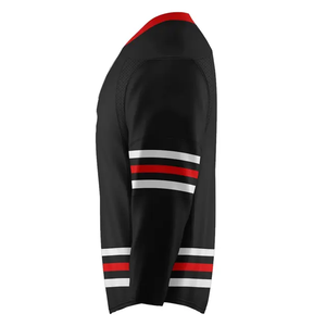 Maillot de hockey sur glace noir rouge blanc personnalisé col en dentelle uniforme nom d'équipe personnalisé numéro imprimé 100% polyester respirant rapide - Product Image 3