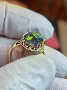 แหวนหมั้นวินเทจเงินแท้ 925 ชุบทอง ประดับโอปอลดำธรรมชาติจากเอธิโอเปีย คุณภาพ AA พร้อมพลอยอินเดีย - Product Image 4