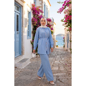 Conjunto de 2 Piezas Color Azul Bebé, Blusa con Cuello Fruncido y Decoración de Botones, y Pantalones, Atuendo Elegante para Ocasiones Especiales - Product Image 1