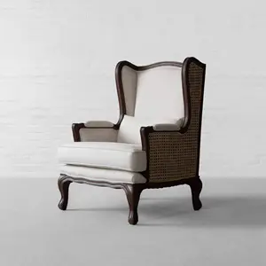 Desain unik Modern kursi kaleng Sofa santai kayu mangga sayap belakang kursi berlengan tinggi desainer aksen kain putih