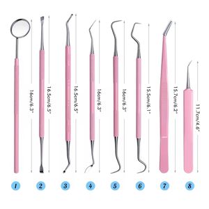 Kit de 8 outils dentaires roses pour le nettoyage buccal : miroir buccal, pinces, sonde double, curette, détartreur en acier inoxydable - Product Image 1
