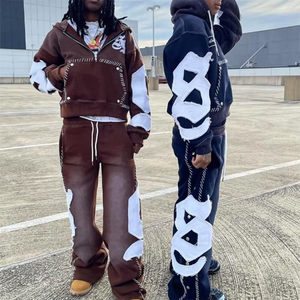 Ensemble de survêtement streetwear en polaire d'hiver avec broderie inversée personnalisée, comprenant un sweat à capuche vintage délavé à l'acide et un pantalon de survêtement évasé - Product Image 2