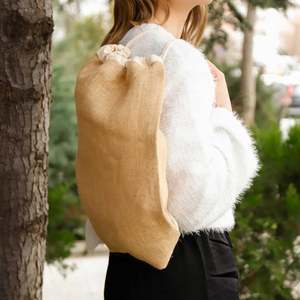 PKB13 Natural Burlap <b>Backpack</b> Large Jute <b>Drawstring</b> Bag for Daily Use Advertising Sports Fashion Travel Portable Carton Bag Gift - Product Image 3