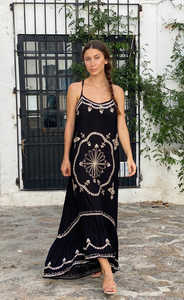 Nouvelle collection en gros bleu blanc brodé dentelle bohème sans manches longueur au sol taille naturelle bouton Boho Maxi robe - Product Image 4