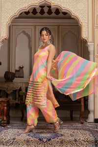 Gulabi Galiyan Radha Multicolor Casual Dress Set Adolescentes Algodón Gasa Leheriya Georgette Natural Cintura Hueco - Product Image 4