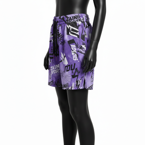 Shorts en mesh polyester violet, tissu respirant et à séchage rapide, imprimé graffiti noir et blanc, sublimation, logo personnalisé, shorts pour femmes - Product Image 4