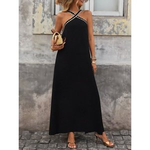 Robe longue en crêpe chatoyant à épaules dénudées avec détail élastique croisé sur le devant pour femme, 35429 - Noir - Product Image 3
