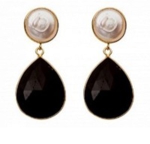 มาใหม่สีดำนิลและมุกพลอย925เงินสเตอร์ลิงรอบและลูกแพร์รูปร่างต่างหู - Product Image 1