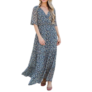 เดรสยาวถึงข้อเท้าลายดอกไม้สีน้ำเงินชุดเดรสลำลองสำหรับงานปาร์ตี้ - Product Image 1