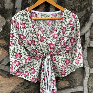 Caftan pour femmes en coton biologique Collection d'été faite à la main avec impression de blocs de roses Vêtements de grossesse Robes courtes décontractées au sol - Product Image 1