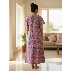 Vestido de Dormir 100% Algodón con Estampado Jaal Hecho a Mano, Camisón Suave Tejido con Diseño Floral y Cierre de Botones, Talla 3XL para Damas de Honor - Product Image 3