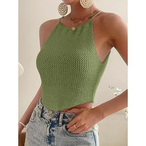 Chaleco de punto con cuello halter color caqui talla S(4) para mujer - Product Image 6