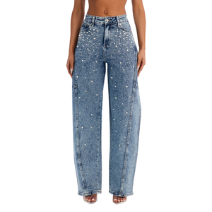 Jeans de Pierna Recta con Adornos de Perlas para Mujer, Lavado Ácido Azul Claro, Pantalones de Mezclilla Casuales de Longitud Completa, Moda para Mujer, Venta al Por Mayor - Product Image 1