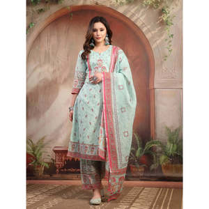 ชุดคุรตะผ้าฝ้ายพิมพ์ลายสีเขียวสำหรับผู้หญิง พร้อมผ้าคลุมไหล่ ผ้าเน็ตสไตล์ปากีสถาน-อินเดีย สำหรับงานพิธีกรรมและงานปาร์ตี้ - Product Image 1