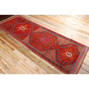 Vintage <b>Runner</b> Rug 3.6x10.3 ft, Turkish Herki <b>Red</b> Moroccan Wool Rug - Product Image 4