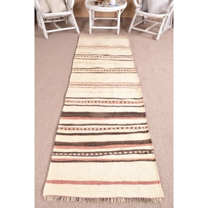 2.6x9 ft Runner Turkish Rug, Vintage Rug, White <b>Brown</b> Geometric <b>Wool</b> Rug - Product Image 1