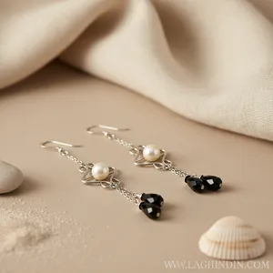 Boucles d'oreilles pendantes en argent 925 pour femmes, perles d'eau douce, onyx noir, forme étoile, bijoux classiques, à porter tous les jours - Product Image 2