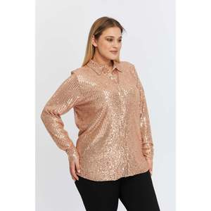 RMG Plus Size Elegant Bronze <b>Sequin</b> Embellished Woven Blouse Shirt for Women - Comfortable Loose Fit Long Sleeve <b>Top</b> - Product Image 4