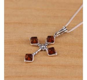 Moderno Colgante de Cruz de Plata de Ley 925 con Ámbar Báltico Color Coñac, Cadena de Eslabones de 1.2 mm, 16-30 Pulgadas, Ámbar Genuino, Regalo de Boda - Product Image 3
