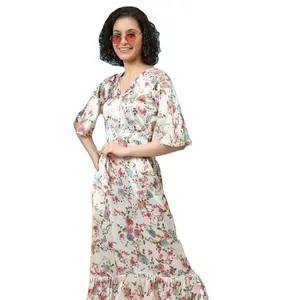 New Stunning style Floral Printed White With Flower Machine Printed Long Maxi Style Dress For Women