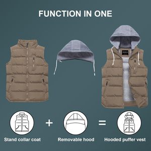 Unisex 100% poliéster cálido chaleco desmontable capucha soporte cuello grueso acolchado Puffer sin mangas prendas de vestir exteriores tela de lona para invierno - Product Image 2
