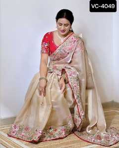 Saree de fête avec de beaux fils à broder Codding and Sequence Work Fancy Heavy Jimmi Cho Saree avec des pièces de chemisier - Product Image 5