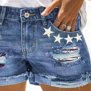 Short d'été taille haute pour femme avec imprimé étoile lâche décontracté enroulable trois points déchiré lavage ourlet Denim respirant hauts hauts - Product Image 2