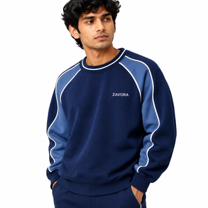 Herren-Sweatshirt Marineblau Raglanärmel Kontrast-Paspelierung Rundhalsausschnitt Gerippter Saum Lässiger Pullover Maßgefertigte OEM Private Label Hoodies - Product Image 4