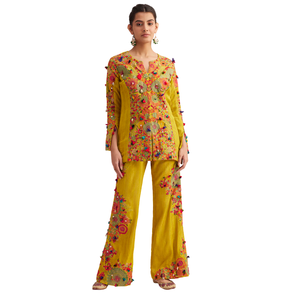 Vente de gros Ensemble Kurta Palazzo en soie moutarde avec broderie Resham et Zari Vêtements de fournisseur d'usine pour femmes ethniques OEM - Product Image 2