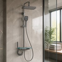 Ensemble de douche mural en aluminium gris anthracite avec affichage LED, pommeau de pluie carré et douchette à main massante, 4 jets, design moderne