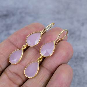 Boucles d'oreilles pour femmes en argent sterling 925, délicates, en chalcédoine rose, forme poire, pierres précieuses, plaquées or, cadeau pour elle - Product Image 3