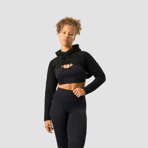 Haut de survêtement de sport pour femme, noir, à capuche ouverte, coupe courte, look superposé, manches longues, style brassière de sport - Product Image 1