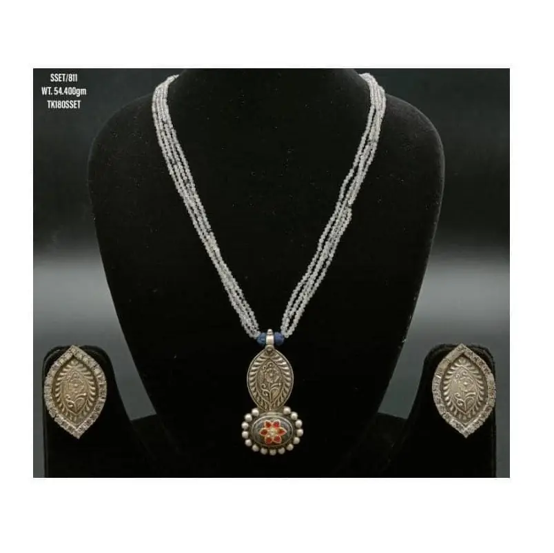 Fine Jewelry Set High End Oxidized 925 Solid Silver Natural Beaded Necklace Set With Earring