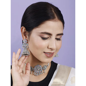 GS Pink and SkyBlue Flower Round <b>Choker</b> for Party Occasions - Product Image 2