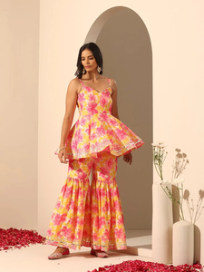 ชุดเดรสผ้ามัสลินลำลองสำหรับผู้หญิง GUL RANGREZ สีส้มล้วน ทรงเข้ารูป กระโปรงบาน - Product Image 3