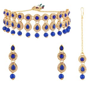 Ensemble de bijoux indiens Floral larme goutte strass cristal collier ras du cou traditionnel balancent boucle d'oreille & Maang Tikka ensemble de bijoux - Product Image 1