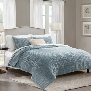 Ensemble de couette en velours de luxe en lin <span class=keywords><strong>bleu</strong></span> King Size, ensemble de couette en velours léger, ensemble de literie matelassée couvre-lit surdimensionné - Product Image 2