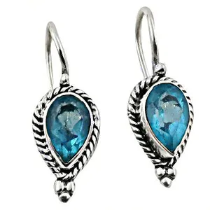 Boucles d'oreilles vintage en forme de goutte d'eau avec pierre de topaze bleue sertie dans une monture en alliage d'argent sterling pour femmes, bijoux pendantes tendance - Product Image 1