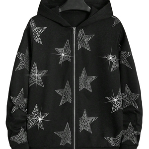 Vente en gros 100% coton polaire à manches longues sweat à capuche zippé tout strass personnalisé votre propre logo lettre automne col à capuche solide - Product Image 1