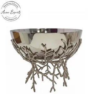 Custom Design Handcrafted Large Hammered Aluminum Bowl with Branch Stand Used for Centerpiece Table Top Fruits Display Decor