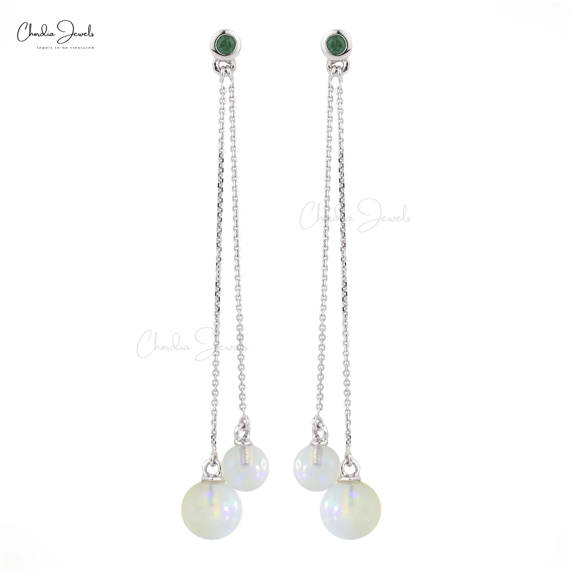 14k Ouro Branco Opala Brincos Natural Esmeralda Dangle Brincos Fina Ouro Cadeia Brinco para As Mulheres na Fábrica Preço de Atacado