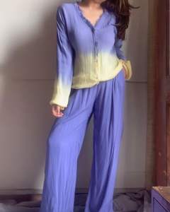 2024 nouvelle mode cravate teinture imprimé dentelle chemises taille haute pantalon large 2 pièces femmes vêtements longs ensembles bouton gratuit plage - Product Image 2