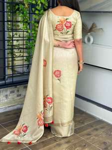 Ropa de boda exclusiva última tendencia nueva llegada Lino algodón estampado a mano Sari compras en línea India - Product Image 3