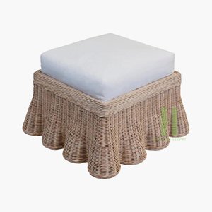 Round Scallop Rattan <b>Ottoman</b> with White Cushion Luxury Wicker <b>Stool</b> Variety of Design OEM Packing in HNH Craft Factory - Product Image 3